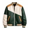 Men’s Color Block Green Varsity Leather Bomber Jacket