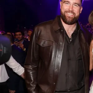 Travis Kelce dark brown leather jacket