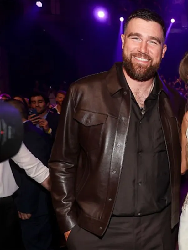 Travis Kelce dark brown leather jacket