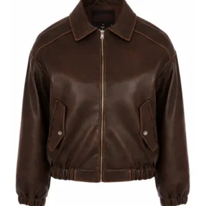 Womens Brown Faux Leather Bomber Jacket