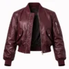 Women’s Burgundy Cropped Zip-Up Leather Bomber Jacket