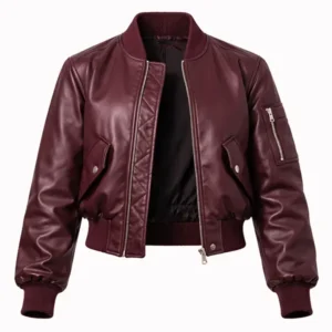 Women’s Burgundy Cropped Zip-Up Leather Bomber Jacket