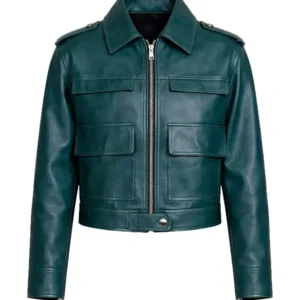 Women’s Teal Green Military Style Leather Jacket