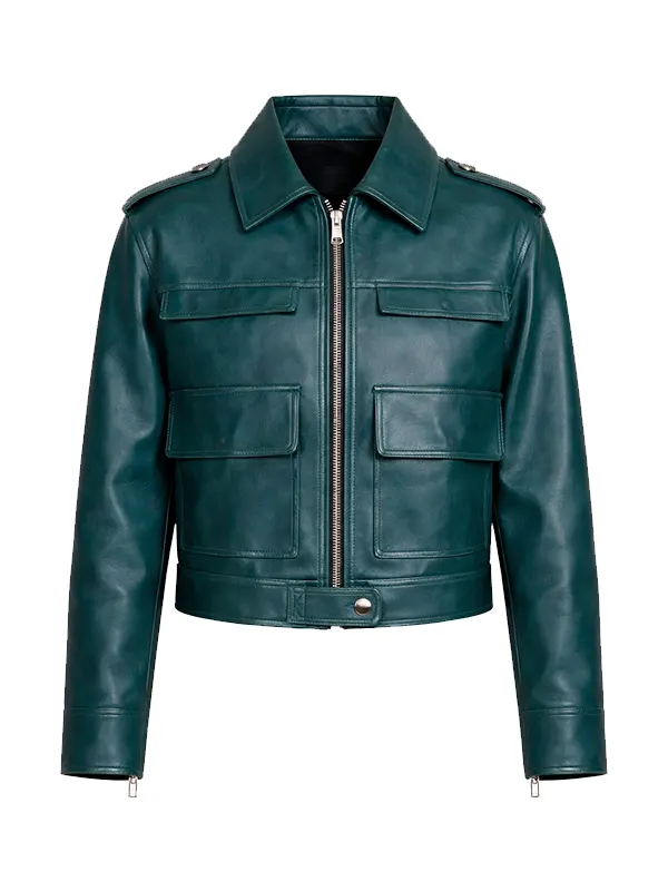 Women’s Teal Green Military Style Leather Jacket