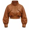Women’s Cropped Brown Leather Bomber Jacket - Image 3