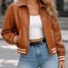 women brown leather varsity jacket