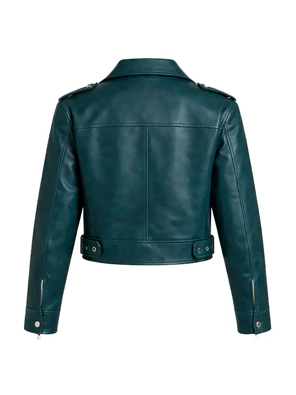 Women’s Teal Green Military Style Leather Jacket - Image 2