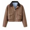 women’s brown cropped bomber leather jacket