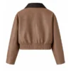 Women’s Brown Cropped Bomber Leather Jacket - Image 2