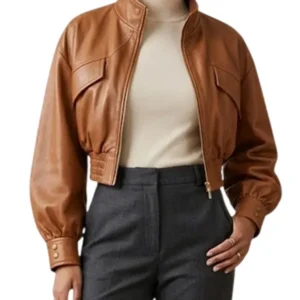 women’s cropped brown leather bomber jacket