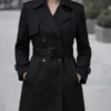 women’s double breasted black trench coat