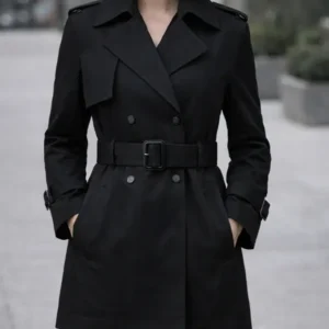 women’s double breasted black trench coat