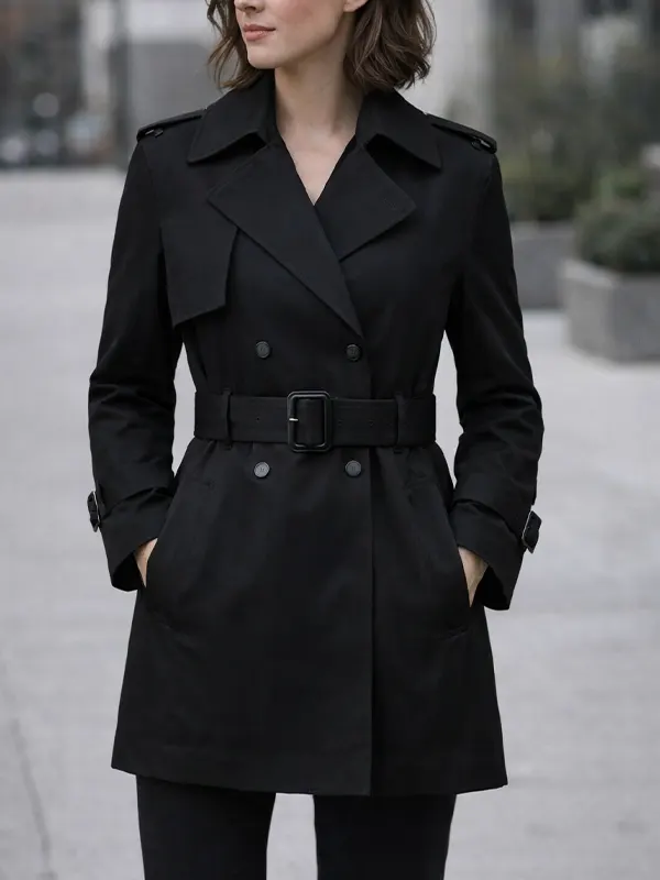 women’s double breasted black trench coat