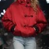 women’s red satin toggle-closure bomber jacket