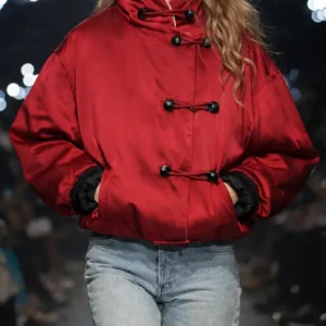 women’s red satin toggle-closure bomber jacket