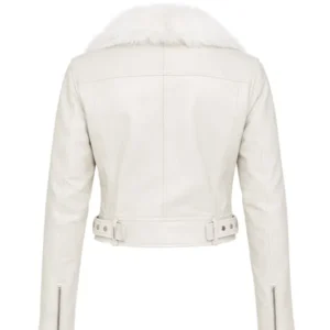 women’s white leather biker jacket with faux fur collar