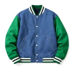 Classic Snap Button Bomber Denim Varsity Jacket