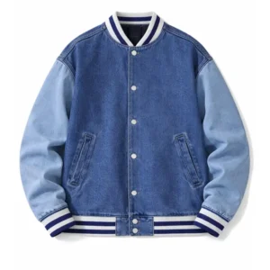 Colorblock Denim Varsity Bomber Jacket