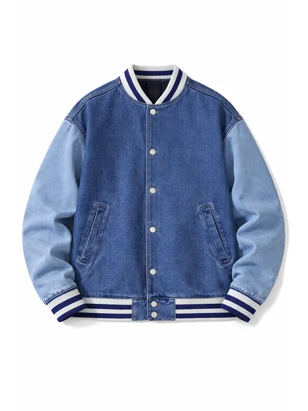 Colorblock Denim Varsity Bomber Jacket