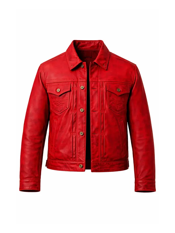 Mens Red Leather Trucker Jacket