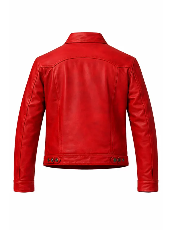 Mens Red Leather Trucker Jacket - Image 2