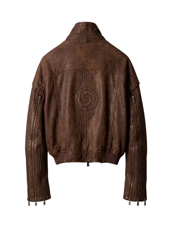 Distressed Vintage Leather Brown Bomber Jacket - Image 2
