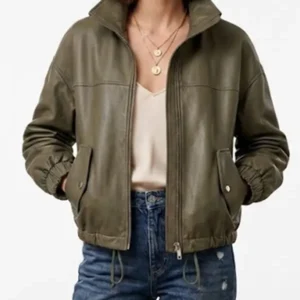 Womens Green Leather Bomber Jacket