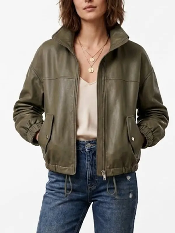 Womens Green Leather Bomber Jacket