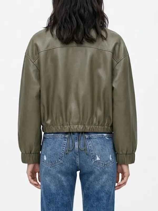 Women's Green Oversized Leather Bomber Jacket