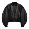 Women Black Leather Crop Bomber Jacket