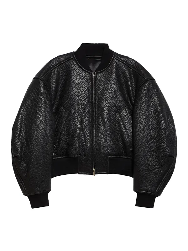 Women Black Leather Crop Bomber Jacket