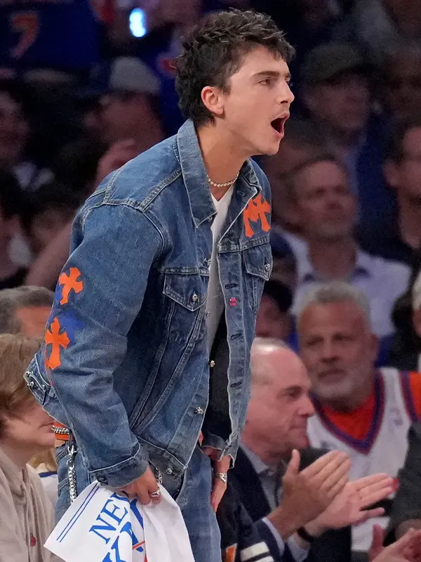 Timothee Chalamet Knicks Game 4 Denim Trucker Jacket - Image 2