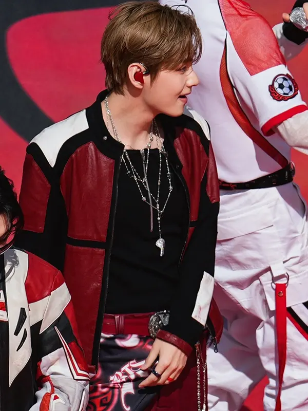 Kim Taehyung V FIFA World Cup 2026 Red and Black Color-blocked Leather Jacket