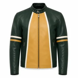 Men's Green Yellow Leather Cafe Racer Jacket