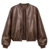 Women's Oversized Brown Faux Leather Bomber Jacket