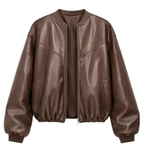 Women's Oversized Brown Faux Leather Bomber Jacket