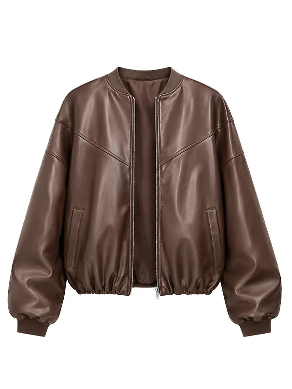 Women's Oversized Brown Faux Leather Bomber Jacket