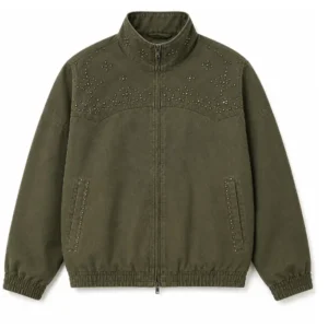 Olive Green Studded Canvas Bomber Jacket