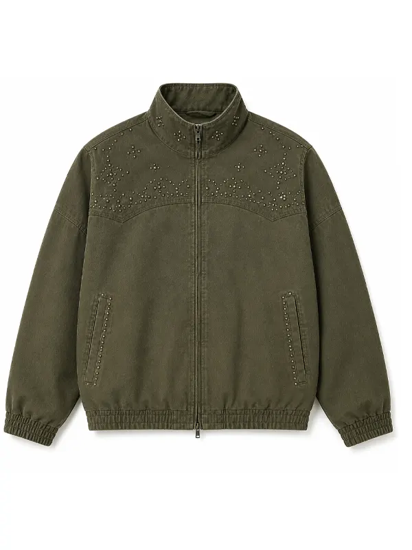 Olive Green Studded Canvas Bomber Jacket