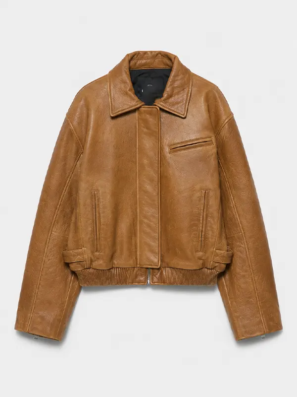 Premium Distressed Tobacco Brown Leather Bomber Jacket