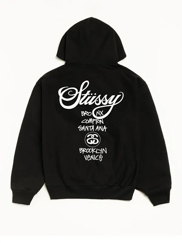 Stussy World Tour Oversized Black Zip Hoodie
