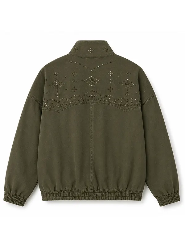Unisex Olive Green Studded Canvas Zip-Up Bomber Jacket
