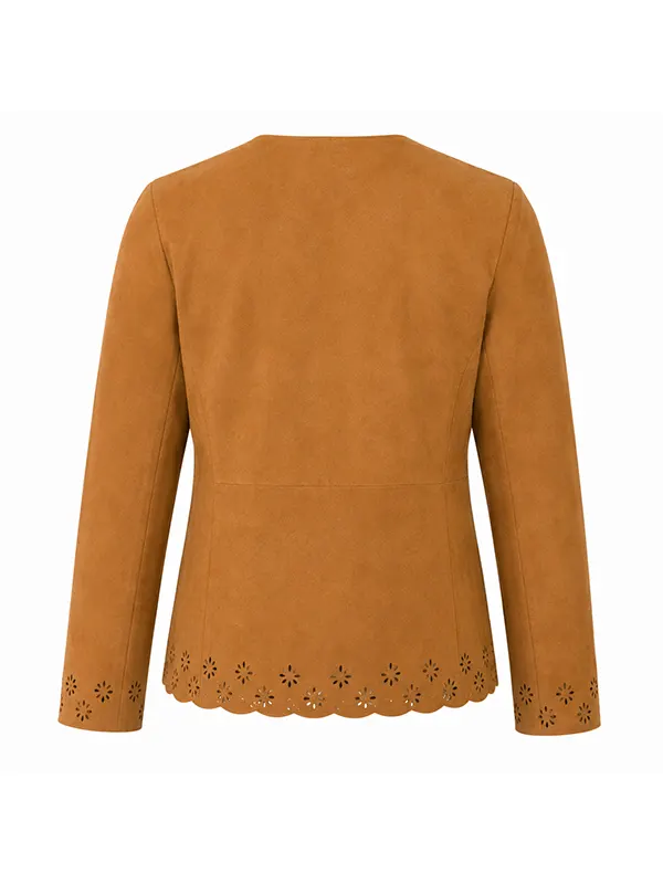 Women's Premium Suede Lightweight Floral Cutwork Brown Jacket