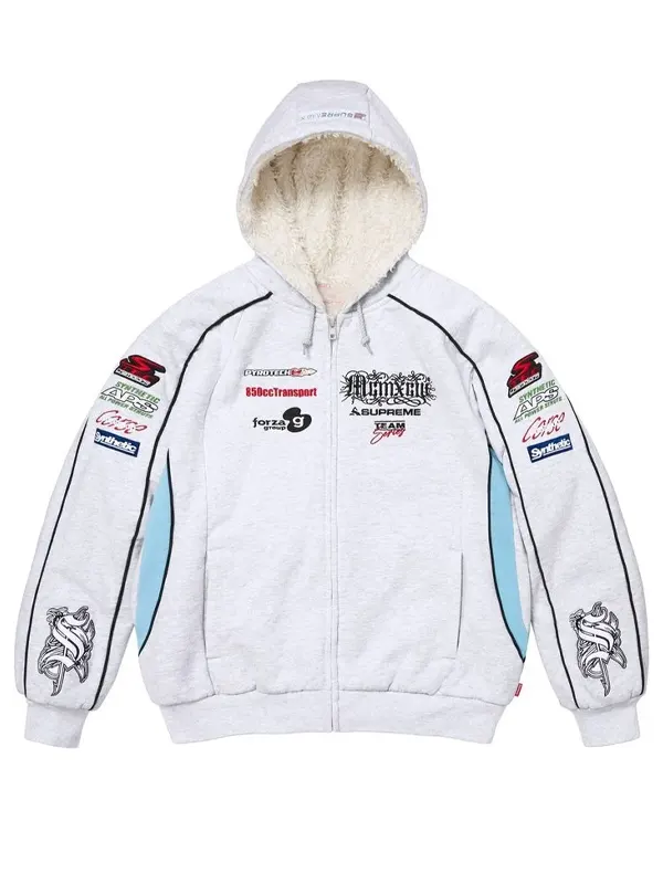 Supreme Racing Lined Zip Up Hooded Sweatshirt White