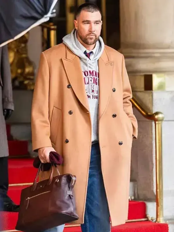 Travis Kelce NYC 2026 Camel Brown Wool Trench Coat