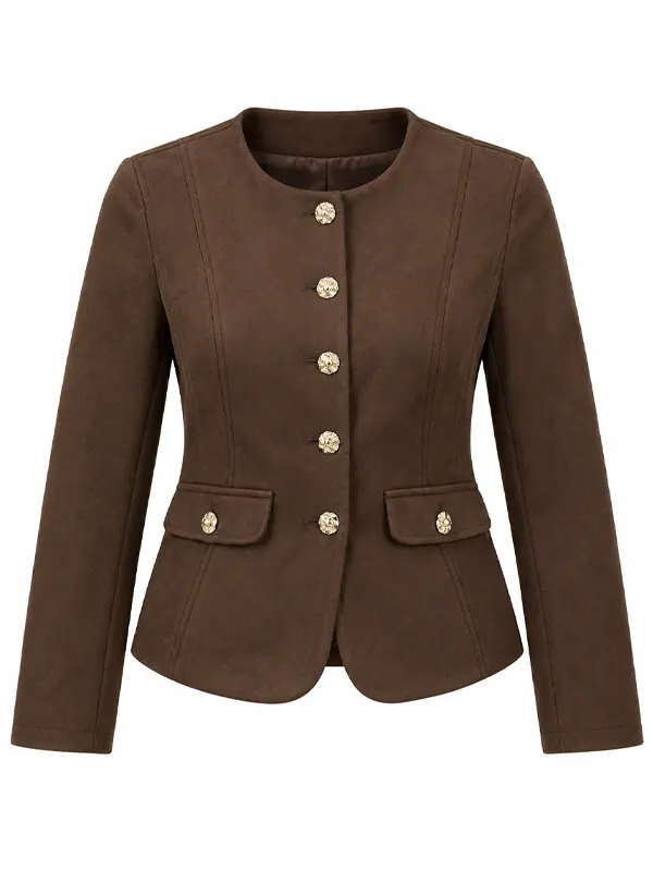 Women's Brown Suedette Collarless Jacket