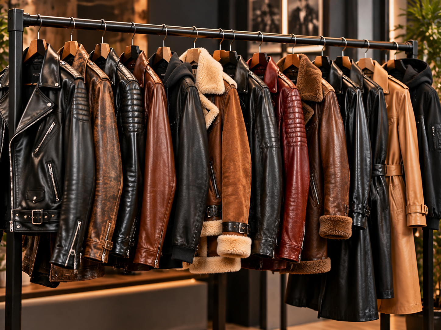 Brown leather biker jacket on a mannequin in a design studio