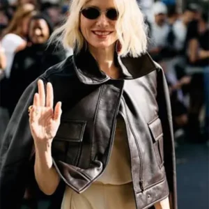 Naomi Watts’ PFW 2026 Brown Leather Bomber Jacket