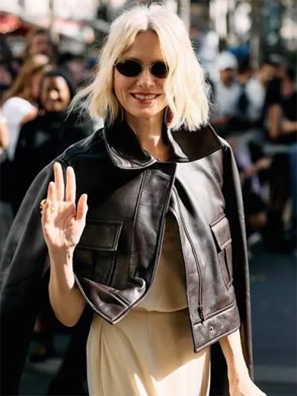 Naomi Watts’ PFW 2026 Brown Leather Bomber Jacket