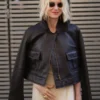 Womens Brown Leather Bomber Jacket - Image 3
